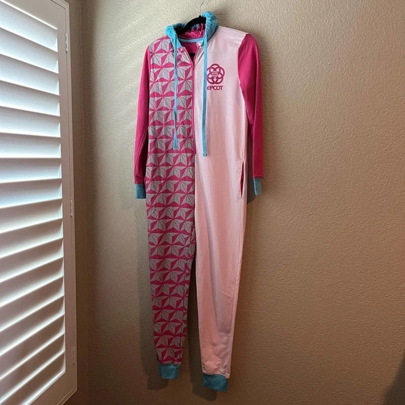 Disney Resort Epcot Adult Onesie Pajama Pink Blue XS Hooded Bodysuit - Picture 2 of 7